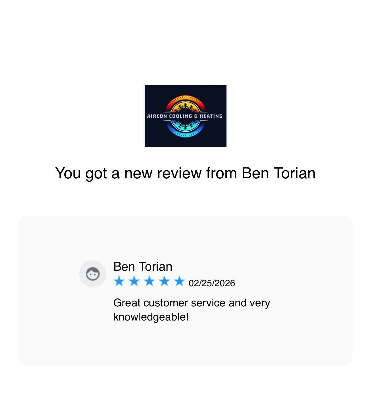 Notification showing a new 5-star review from Ben Torian: “Great customer service and very knowledgeable!”