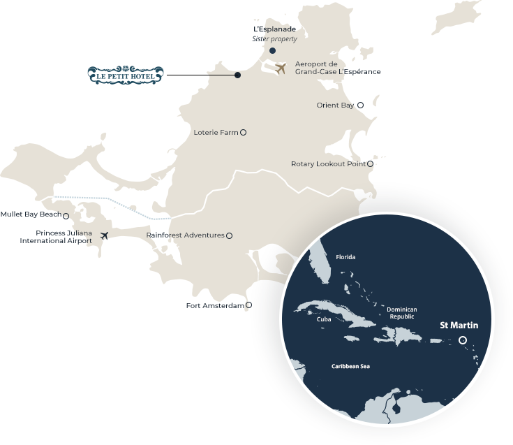 Map of St. Martin with hotel and points of interest marked. Inset shows location in the Caribbean.