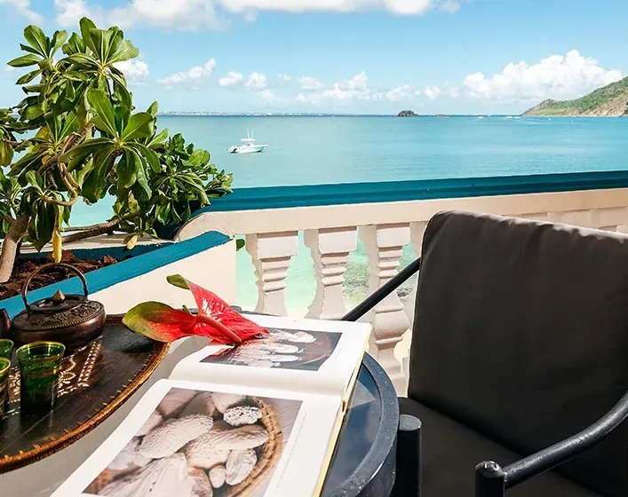 Balcony with sea view, book, red flower, and dark gray chair on a sunny day.