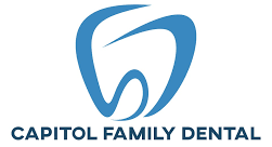 Blue dental logo, tooth-shaped, with 