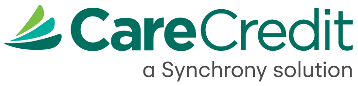 CareCredit logo with green and teal abstract design and text 