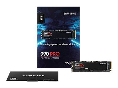 Een samsung 990 pro ssd wordt in de doos getoond
