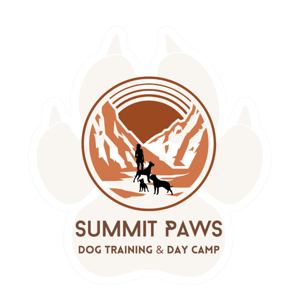 A logo for a dog training and day camp called summit paws.