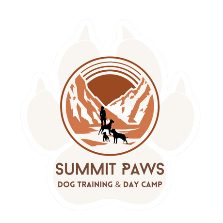 A logo for a dog training and day camp called summit paws.