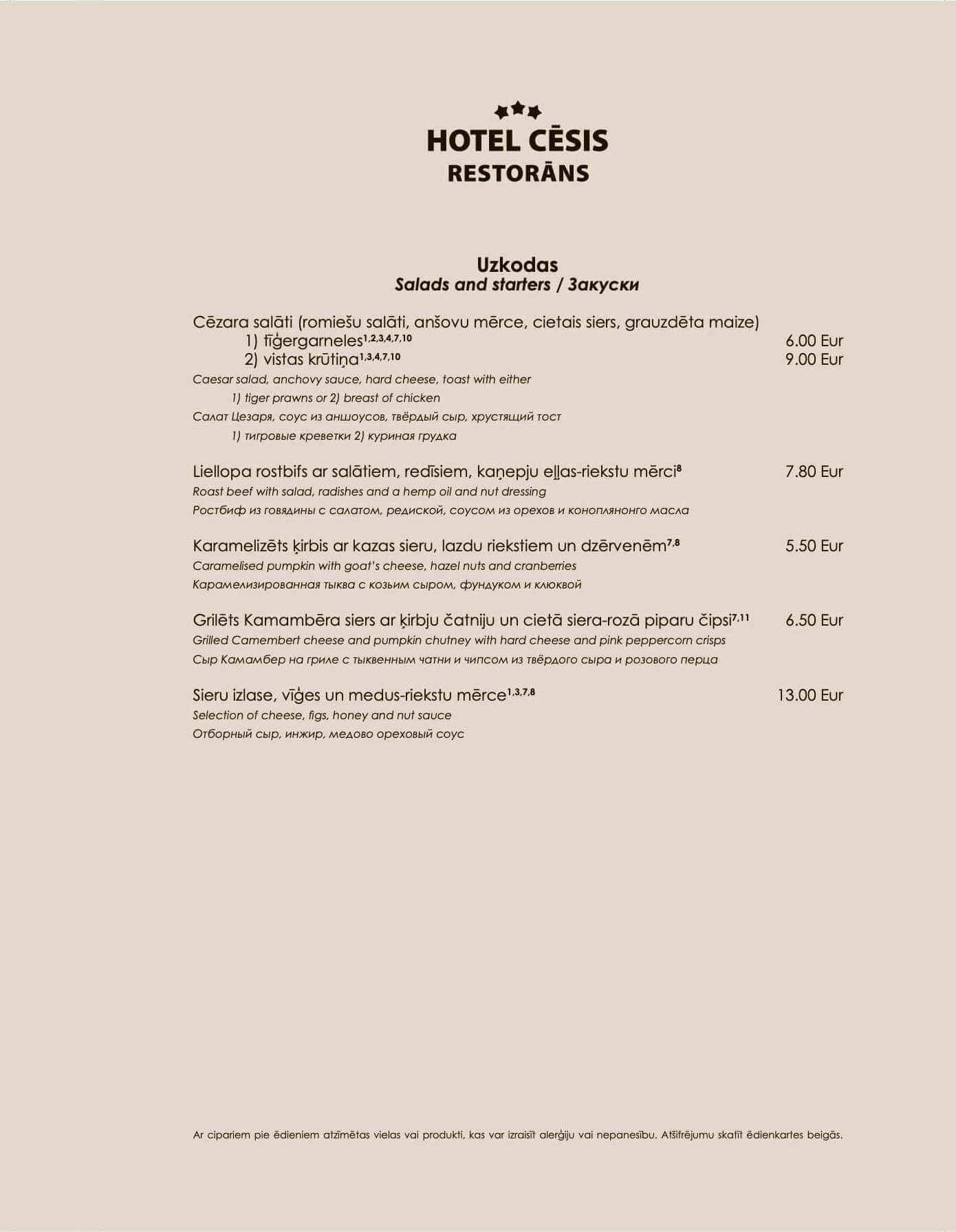 Restaurant menu - HOTEL CĒSIS - 1