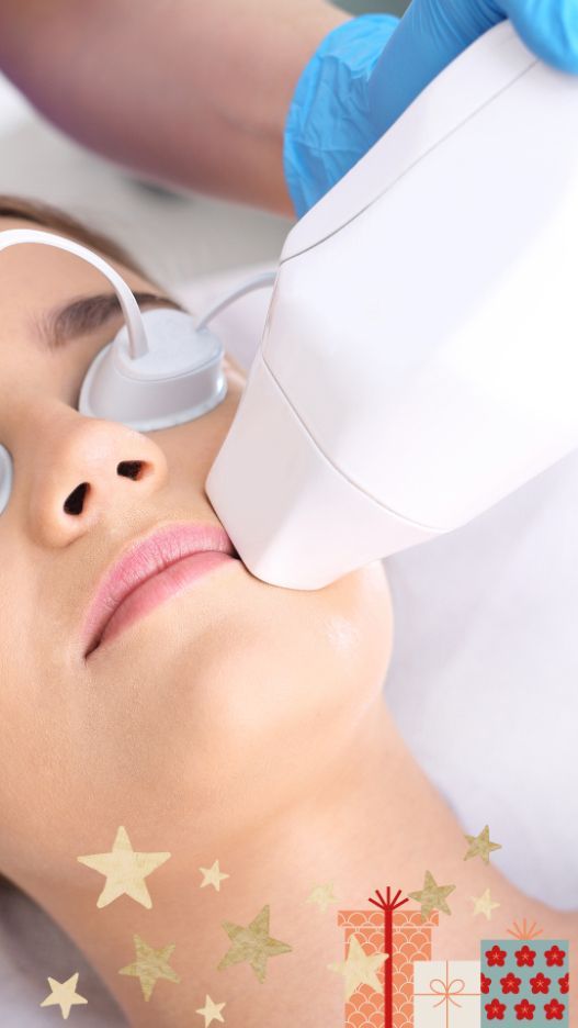 Woman undergoing laser hair removal on her upper lip, wearing protective eyewear, with a medical professional using the device.