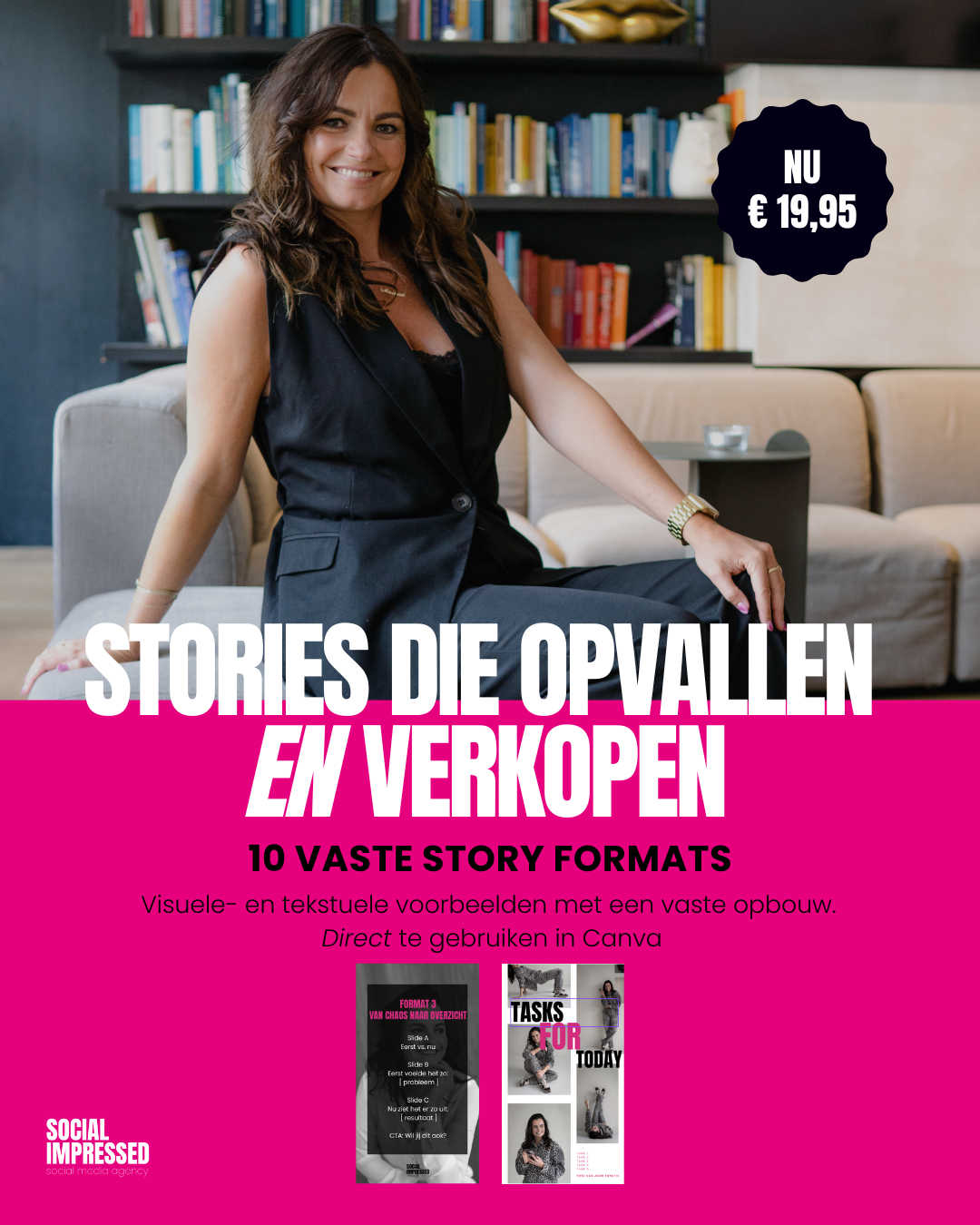 Een vrouw zit voor een boekenplank en promoot een handleiding voor het maken van effectieve social media-verhalen, die €19,95 kost.
