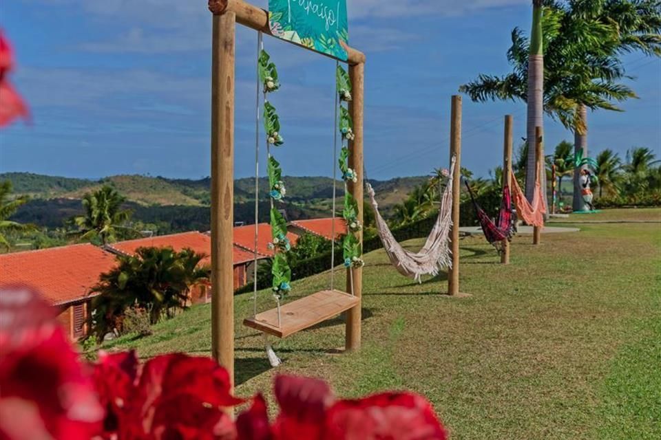 Uma fileira de redes no topo de um campo verdejante.