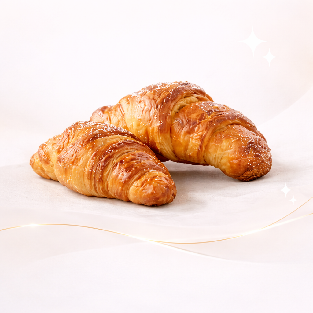 Due croissant dorati su carta da forno, con uno sfondo bianco semplice.
