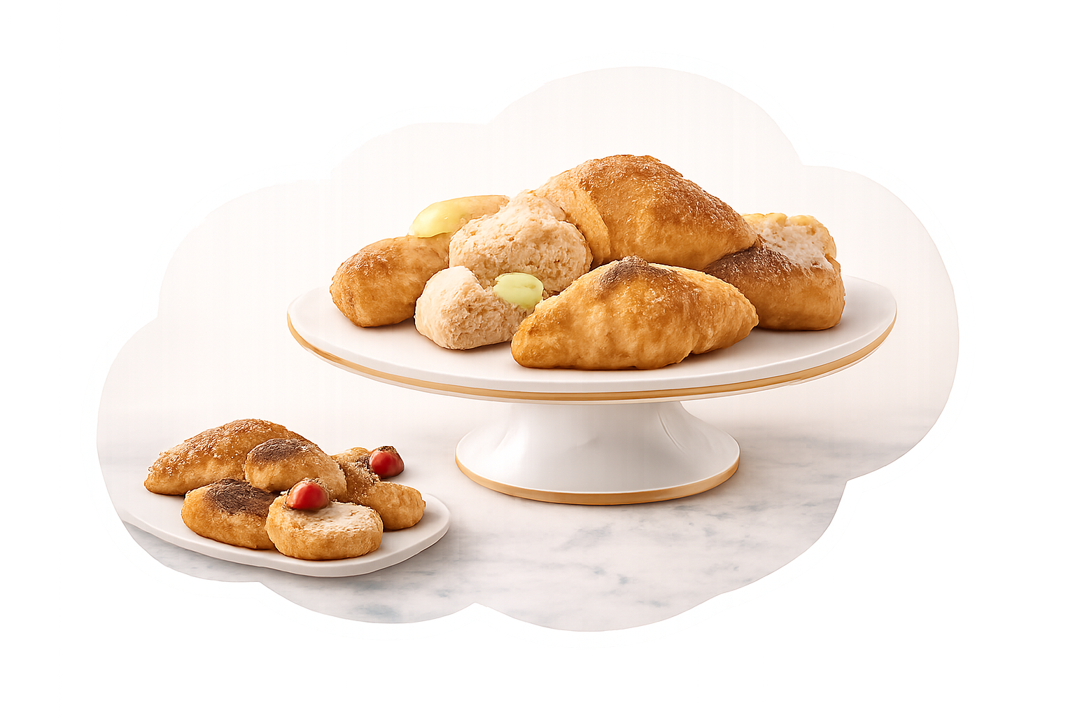 Pasticcini assortiti su un'alzata bianca e un piattino.