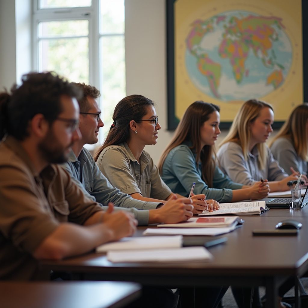 People seated at a table, taking notes in a classroom with a world map on the wall.