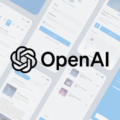 OpenAI logo over smartphone app mockups, showcasing different user interface screens.