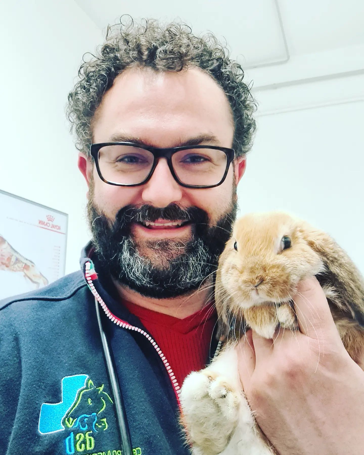 Un veterinario con i capelli ricci e gli occhiali tiene in mano un coniglio marrone e bianco, sorridendo.