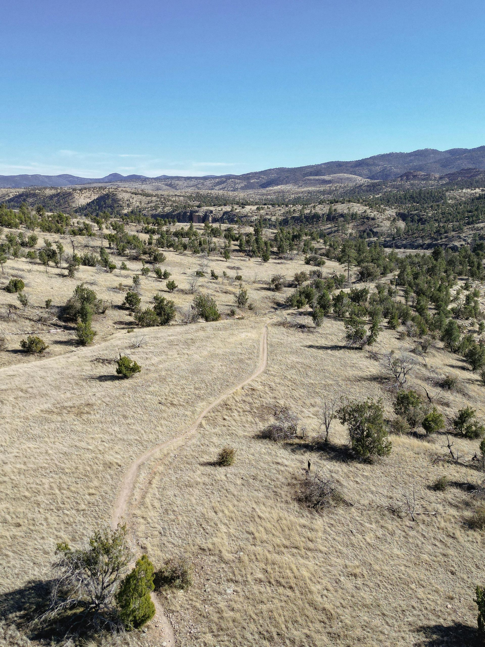 An aerial view of a desert landscape with mountains in the background.