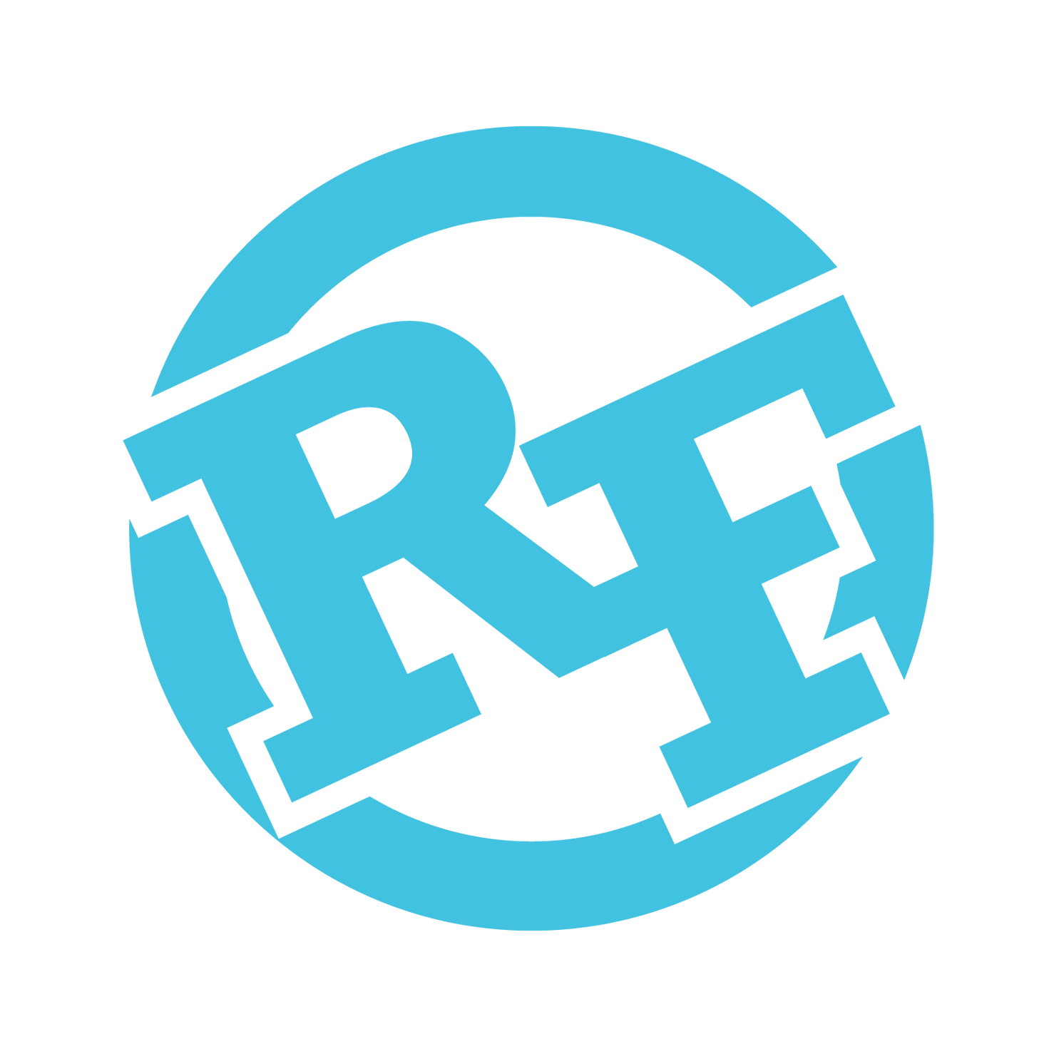 The letter r is in a blue circle on a white background.