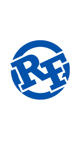 The letter r is in a blue circle on a white background.