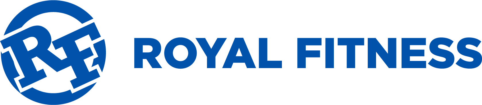 The logo for royal fitness is blue and white on a white background.
