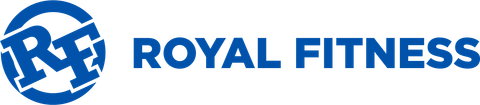 The logo for royal fitness is blue and white on a white background.
