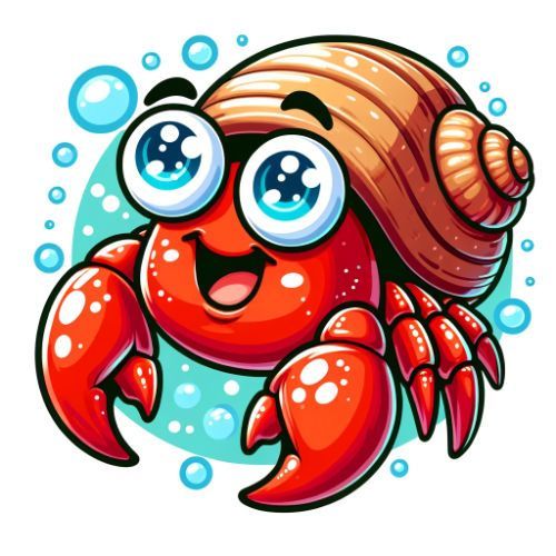A cartoon hermit crab with a shell on its head