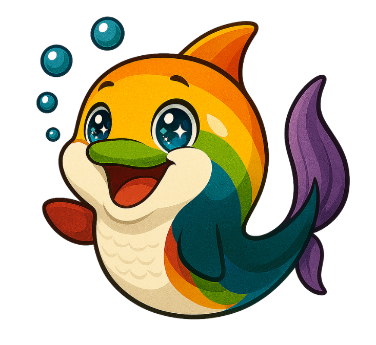 A cartoon shark is smiling and surrounded by bubbles.