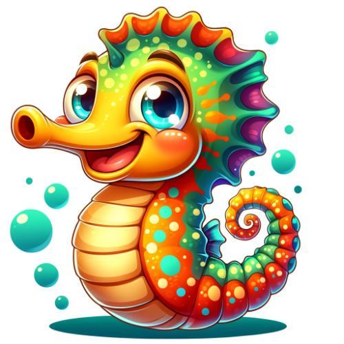 A cartoon illustration of a colorful seahorse with bubbles around it