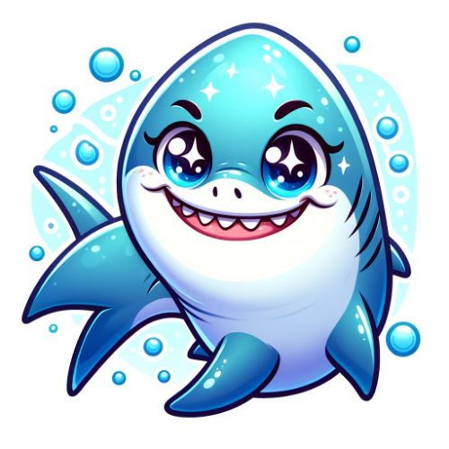 A cartoon shark is smiling and surrounded by bubbles.