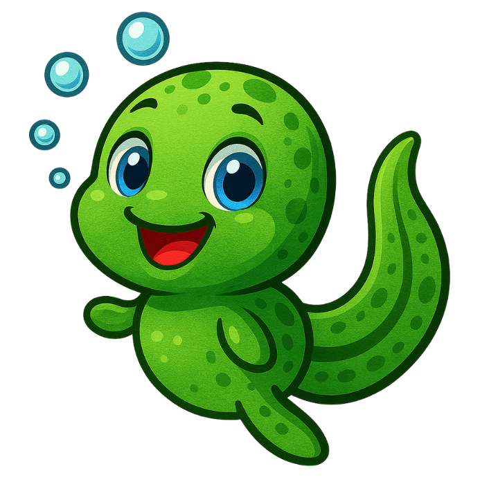 A cartoon shark is smiling and surrounded by bubbles.