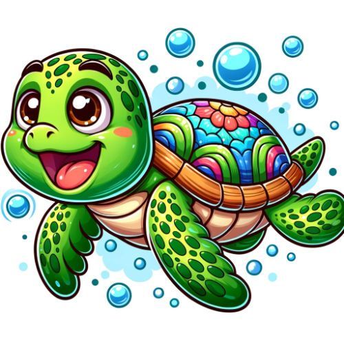 A cartoon turtle with a colorful shell is swimming in the water.