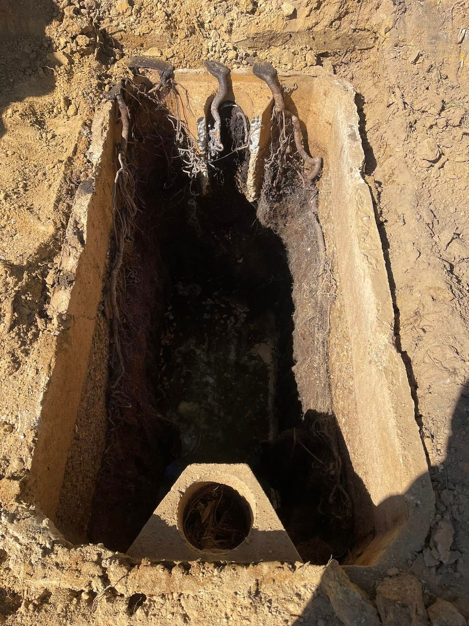 A top-down view of an open, rectangular concrete storm drain catch basin filled with dark, wet debris and soil.