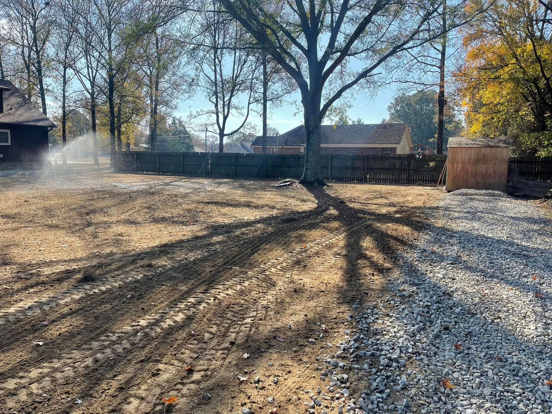 A bright yard with a sprinkler, large tree, and a wooden shed, bordered by a gravel path under a clear blue sky.