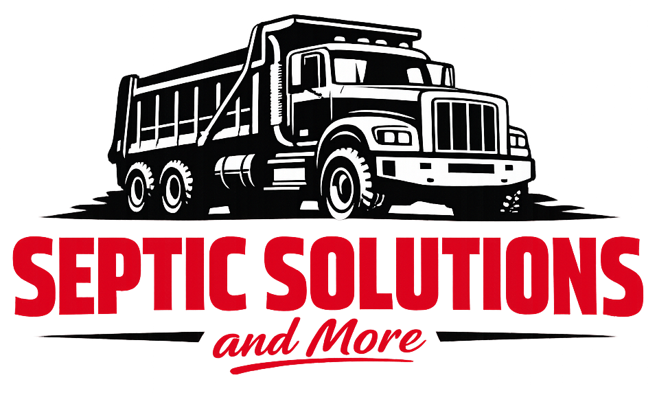 A black and white illustration of a dump truck above the red text "SEPTIC SOLUTIONS and More".