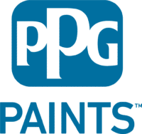 A blue and white logo for ppg paints