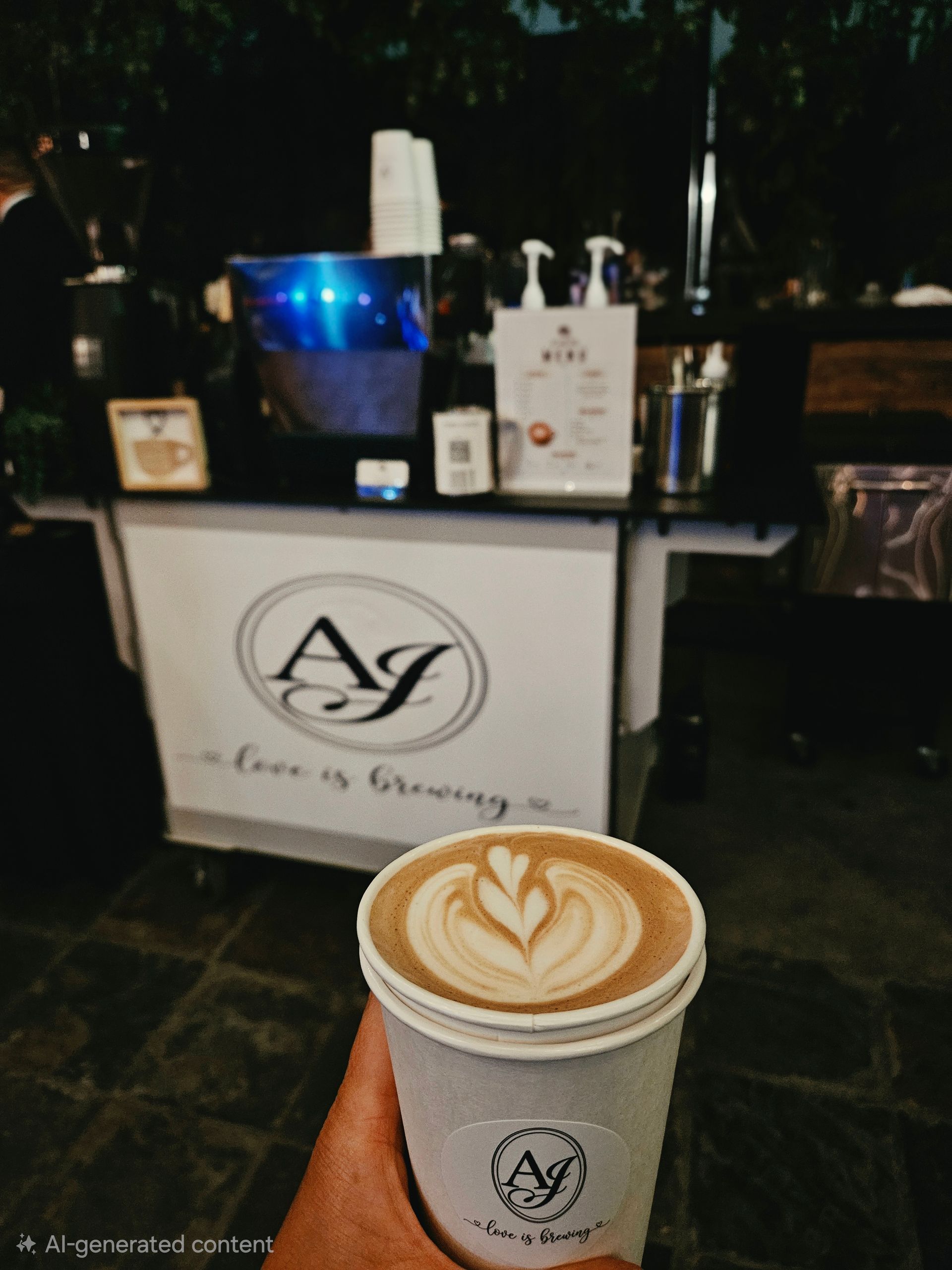 Latte art in a branded paper cup in front of a coffee bar with an AJ sign and drink bottles