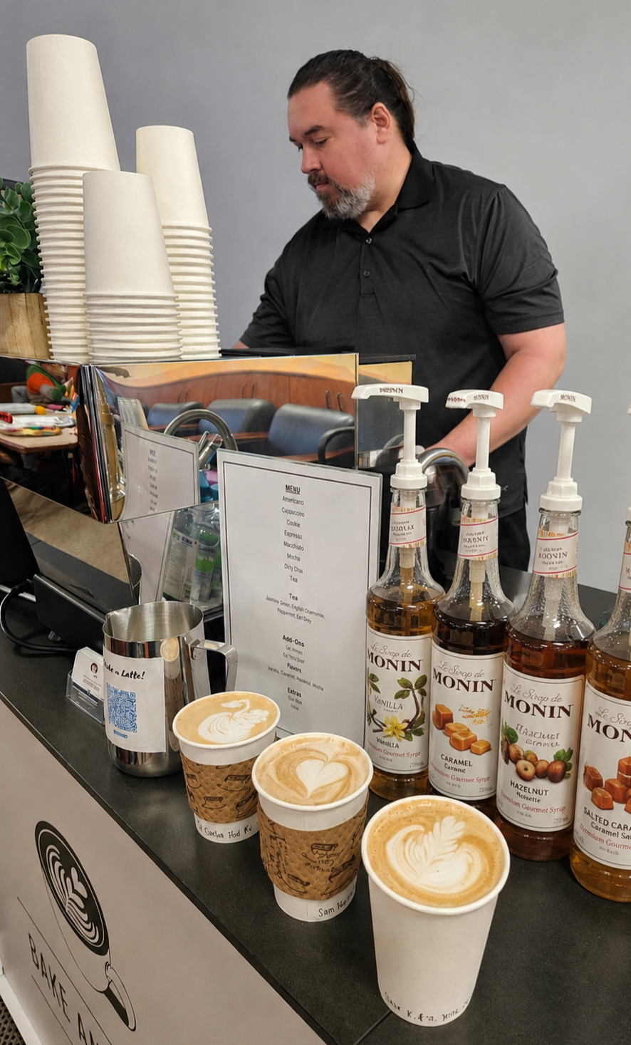 Bake and Grind mobile espresso bar serving handcrafted coffee at a Southern California corporate eve