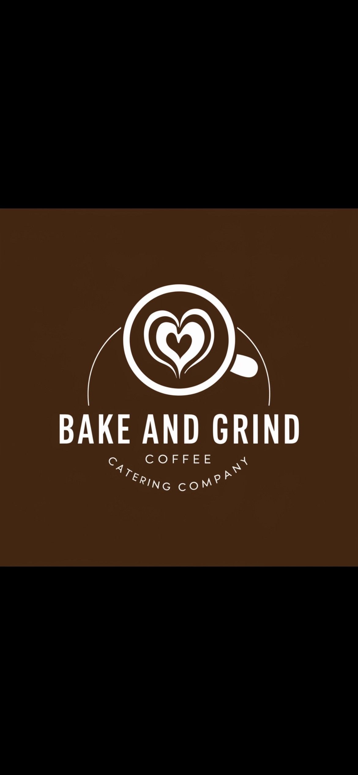 Bake and Grind coffee logo on a dark brown background with a white heart-shaped cup icon.