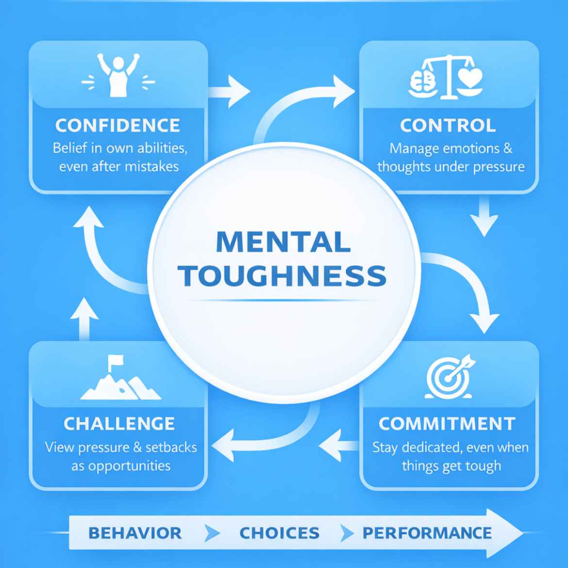 Infographic over mentale veerkracht met blauwe panelen voor zelfvertrouwen, controle, uitdaging en toewijding.