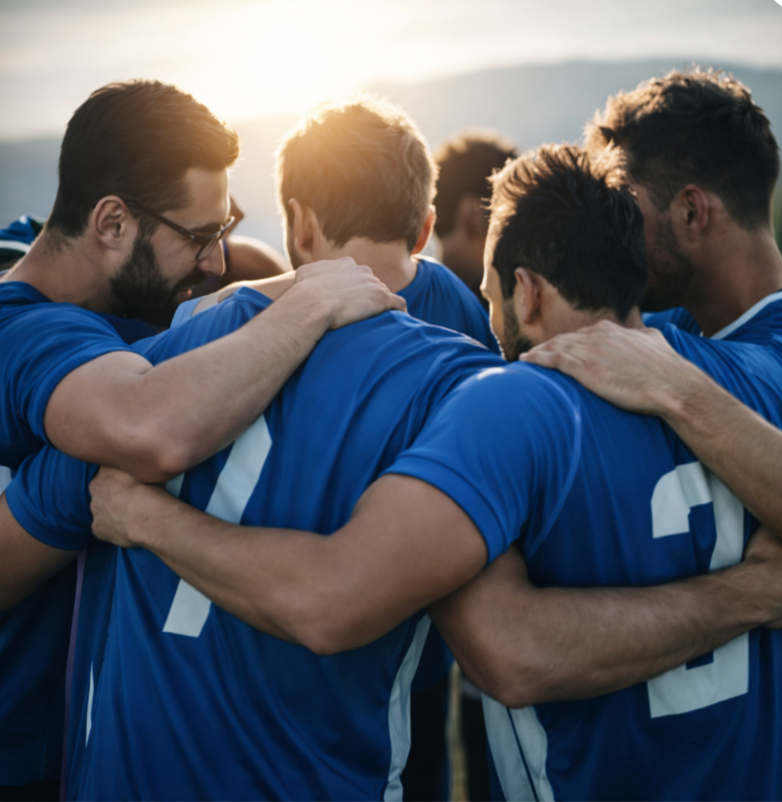 Vier voetballers in blauwe shirts staan ​​bij zonsondergang dicht bij elkaar, met hun armen om elkaar heen, en vieren.