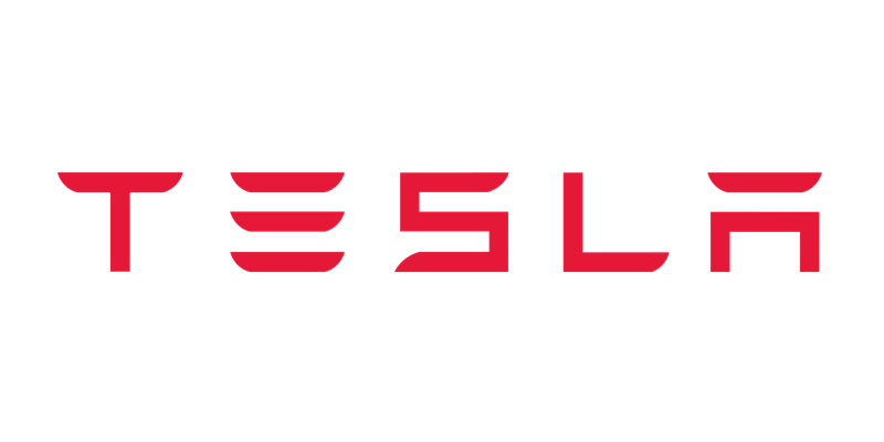 The tesla logo is red and white on a white background.