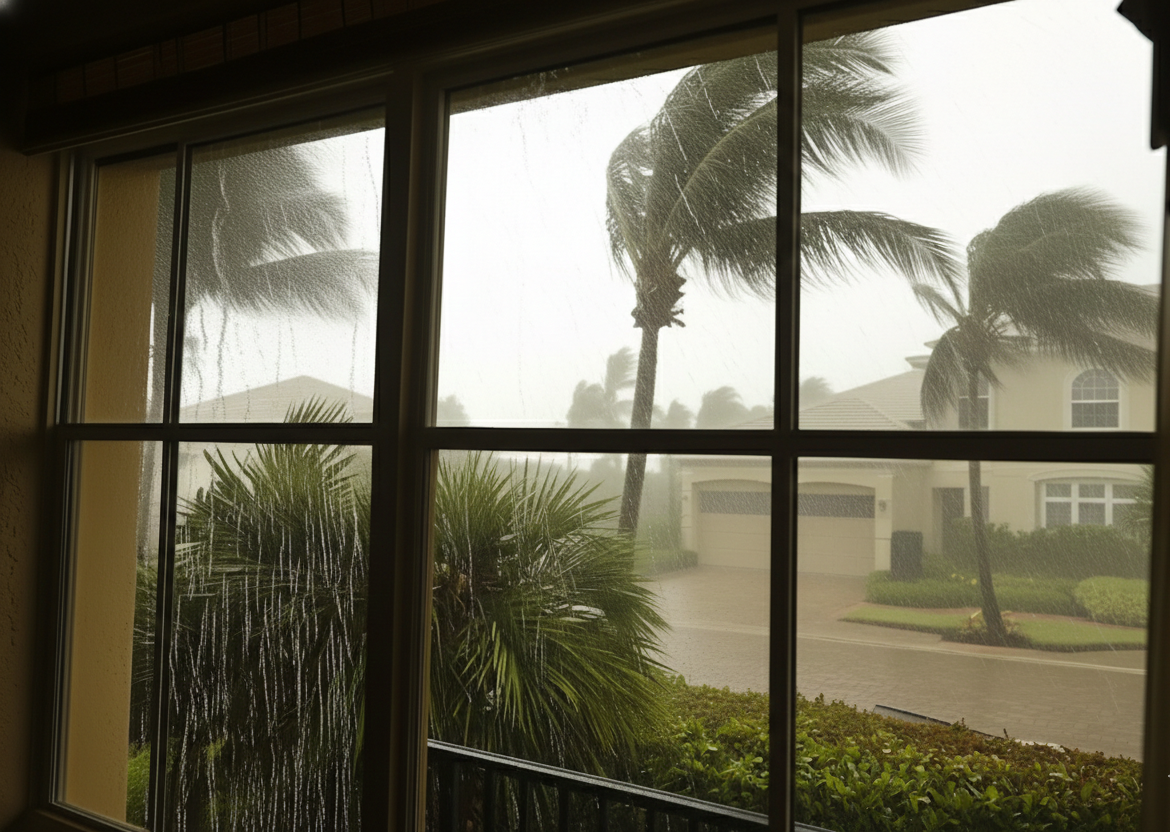 Palm trees bent by high winds and rain seen through a window during a storm.
