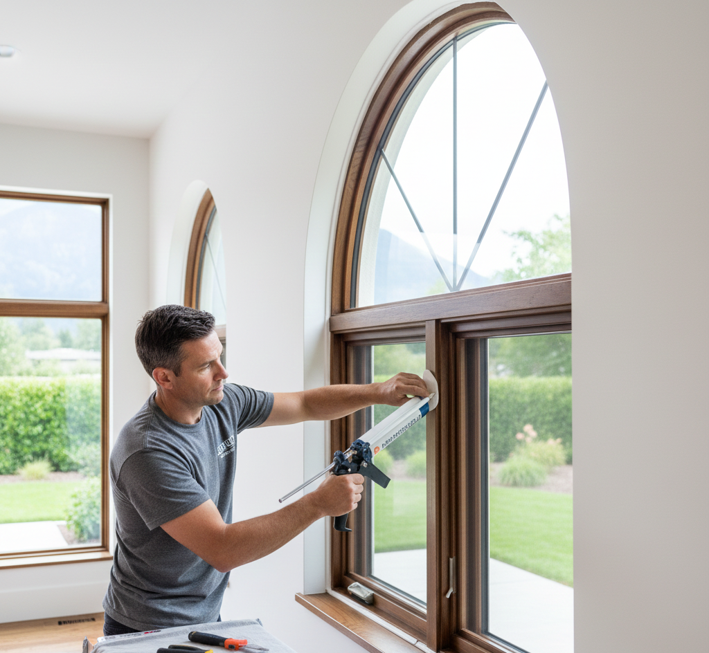 Man caulking a brown window frame in a white-walled room, aiming a caulk gun.
