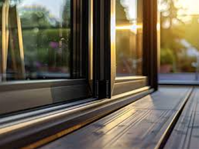 Sliding glass door, black frame, wood floor, sunlight, view of a yard.