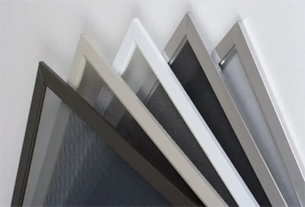 Assortment of window screens in shades of gray, arranged against a white background.