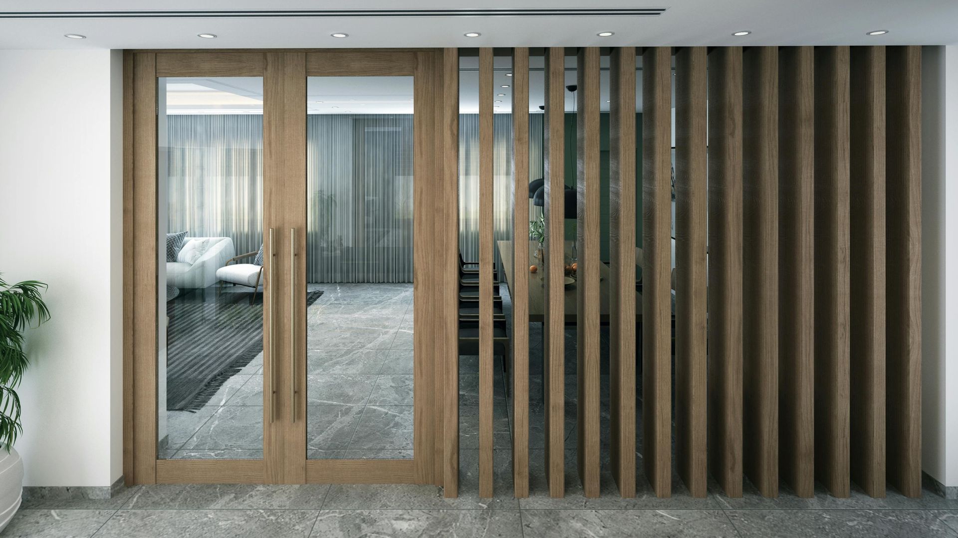 Wooden entrance door with glass panels and vertical wooden slat divider.