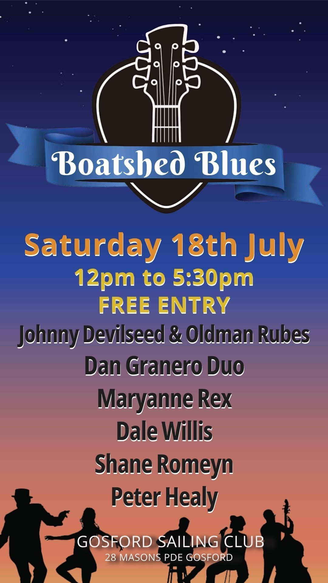 Boatshed Blues concert poster, Saturday 18th July, free entry, with live music lineup on dark blue background — Gosford Sailing Club in Gosford, NSW