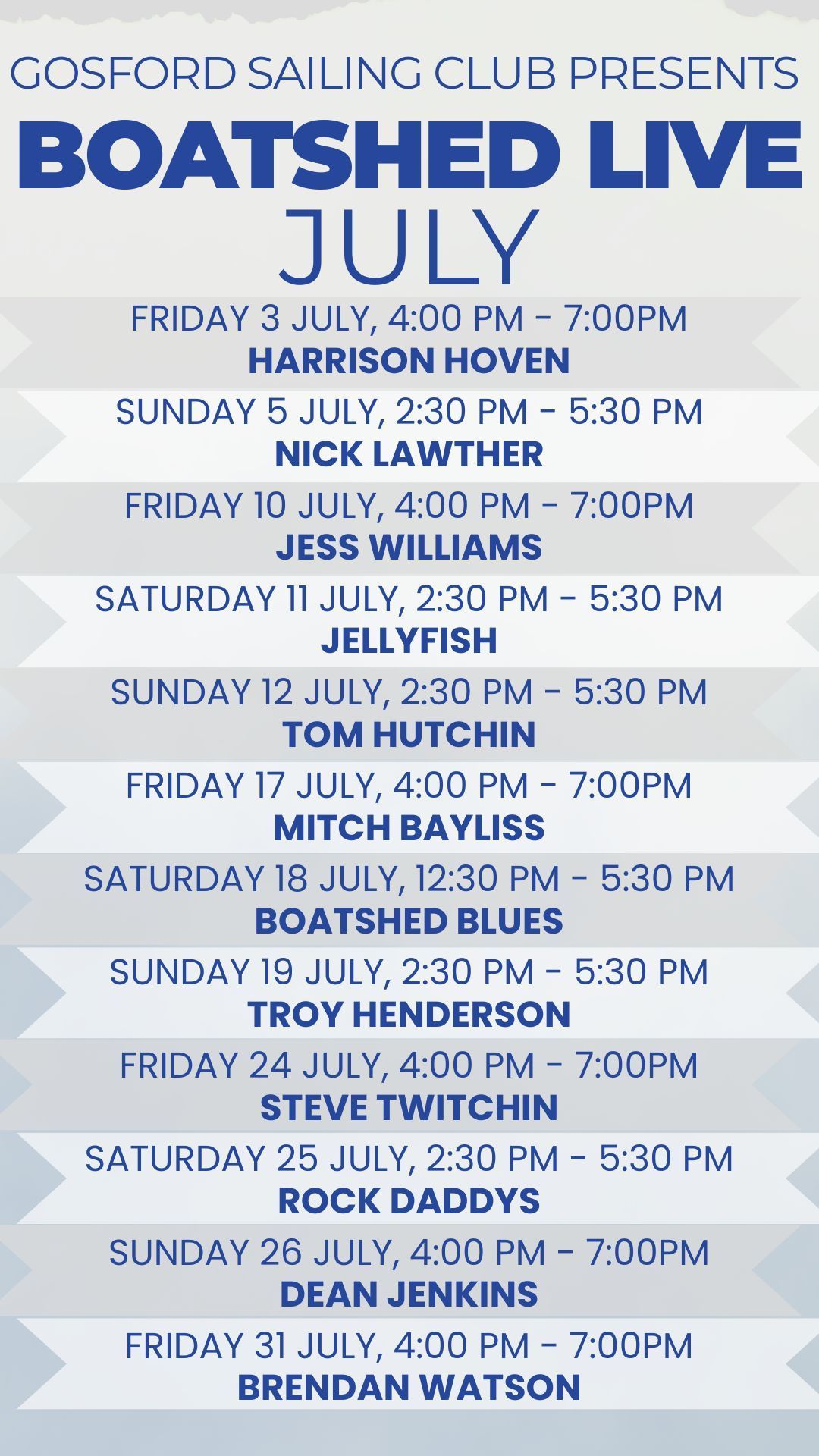 Boat Show Live poster listing July concert dates at Gosford Sailing Club with blue and orange text — Gosford Sailing Club in Gosford, NSW