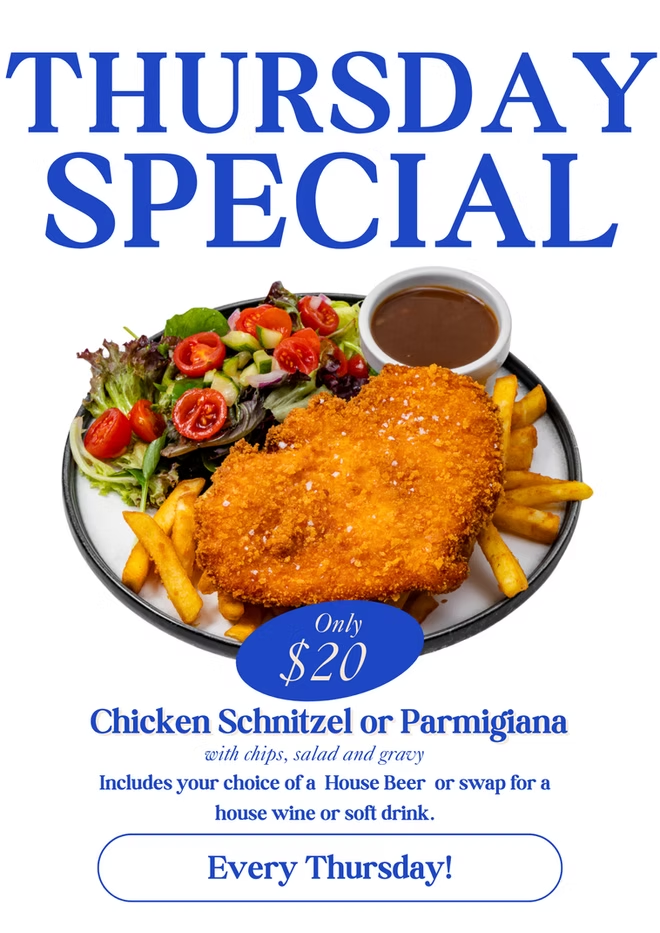A Poster for a Thursday Special Chicken Schnitzel or Parmigiana — Gosford Sailing Club in Gosford, NSW