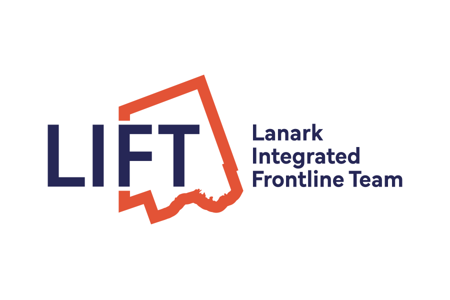 Logo for Lanark Integrated Frontline Team (LIFT) featuring dark blue text and an orange, map-shaped outline.