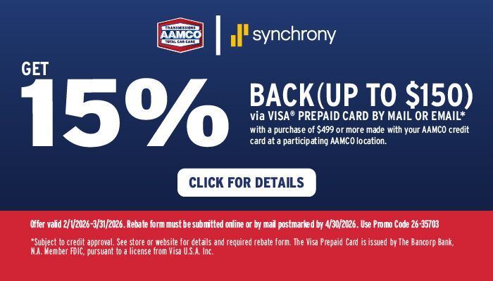 AAMCO promotion: Get 15% back (up to $150) via VISA prepaid card by mail or email with purchase of $299+ with AAMCO credit card.