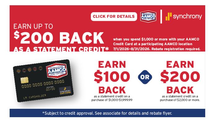 AAMCO promotion: Get 15% back (up to $150) via VISA prepaid card by mail or email with purchase of $299+ with AAMCO credit card.