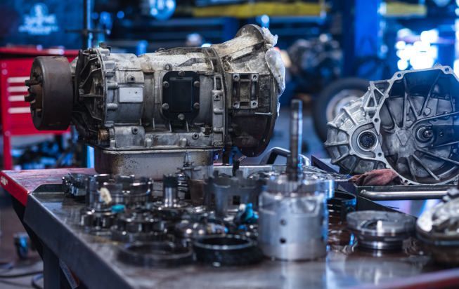 A car engine is sitting on top of a table in a garage.